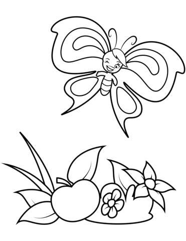 Cute Butterfly Boy And A Big Apple Coloring Page